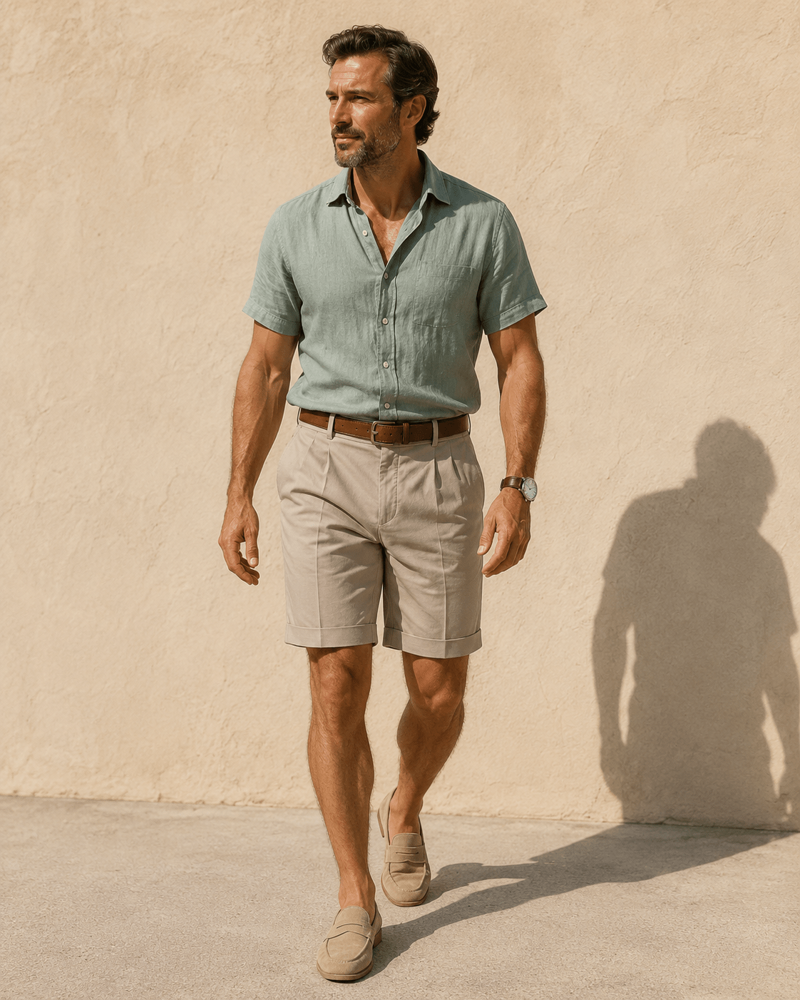 Uomo in short estivo beige Bellucio con camicia in lino verde salvia