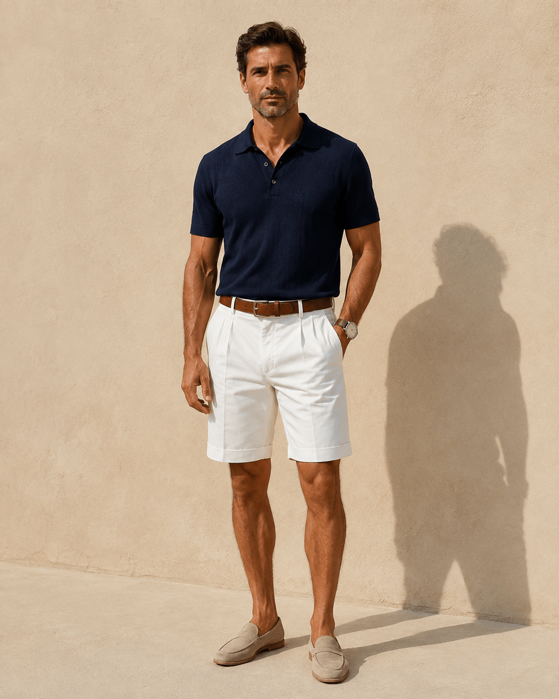 Uomo in short estivo bianco Bellucio con polo blu navy