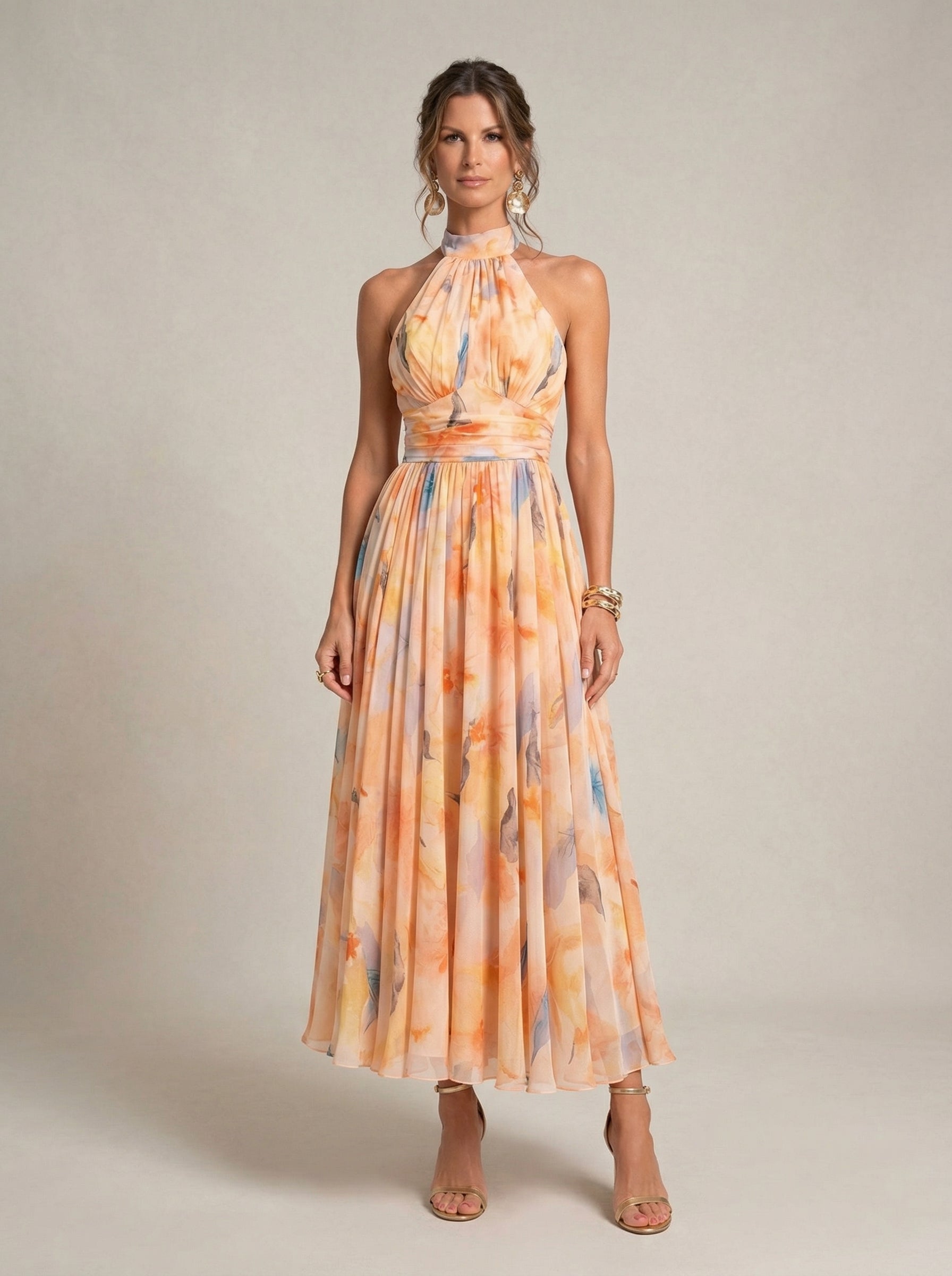Esther™ | Abito con Collo Halter e Stampa Acquerello
