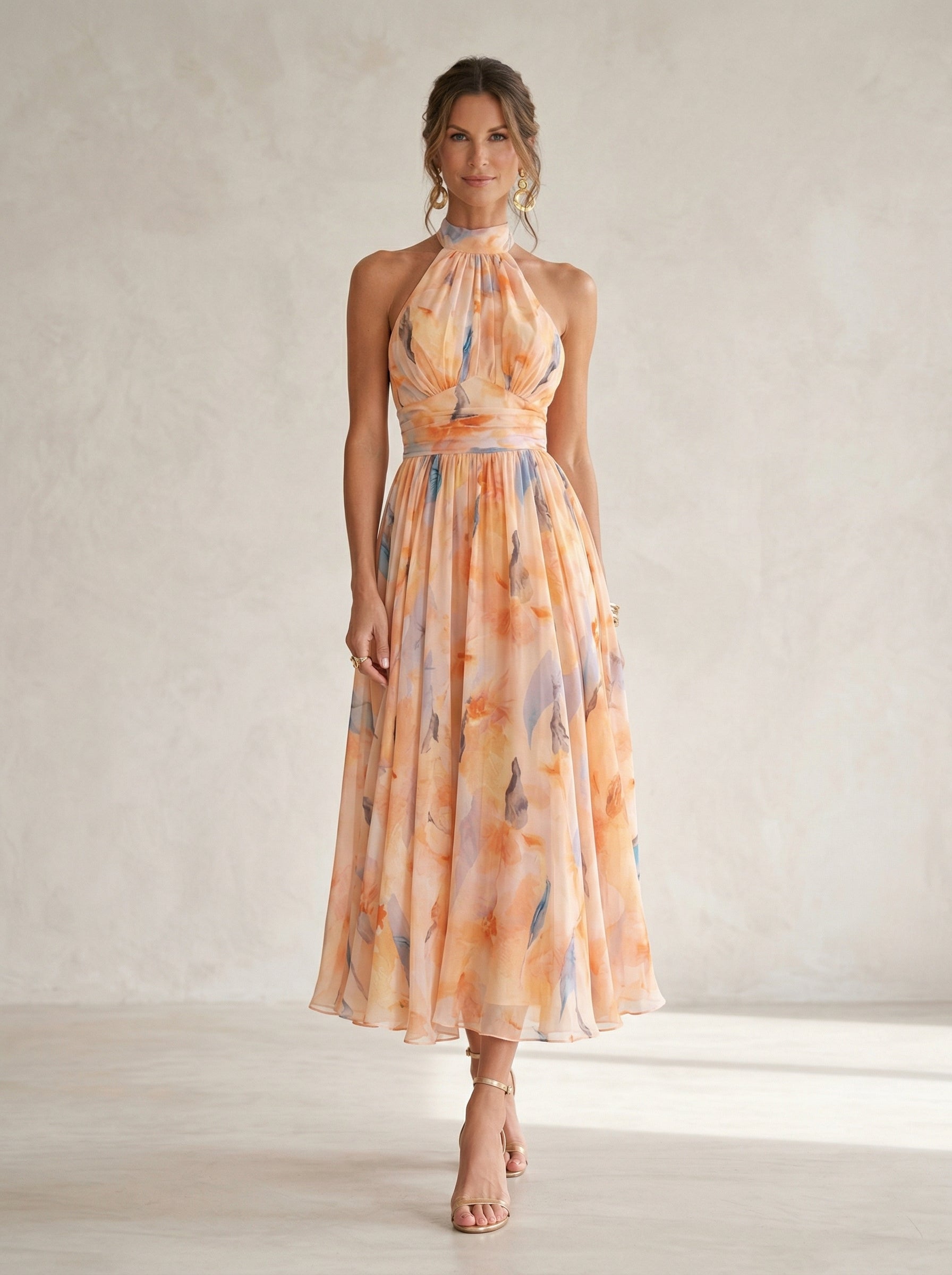 Esther™ | Abito con Collo Halter e Stampa Acquerello