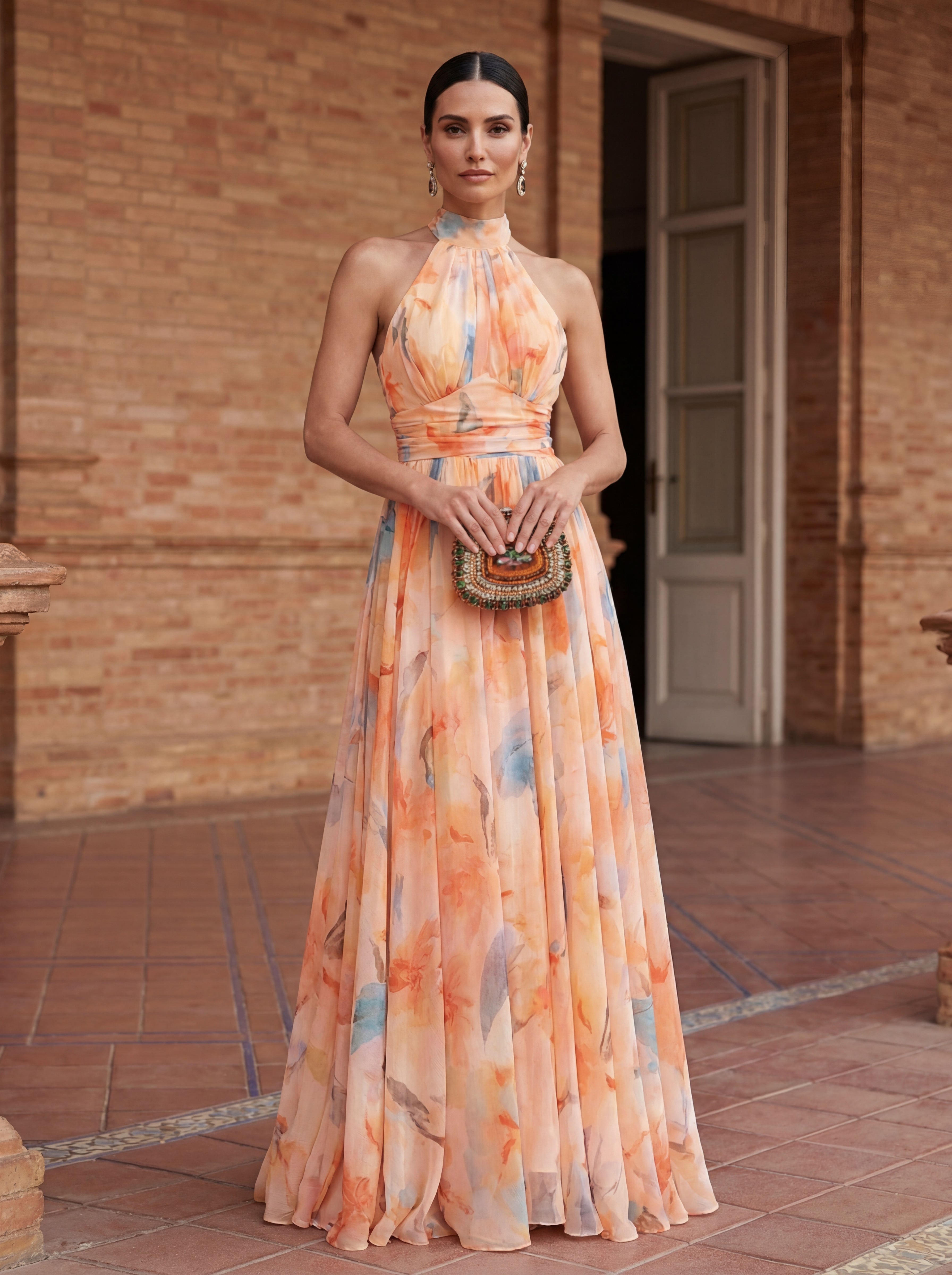 Esther™ | Abito con Collo Halter e Stampa Acquerello