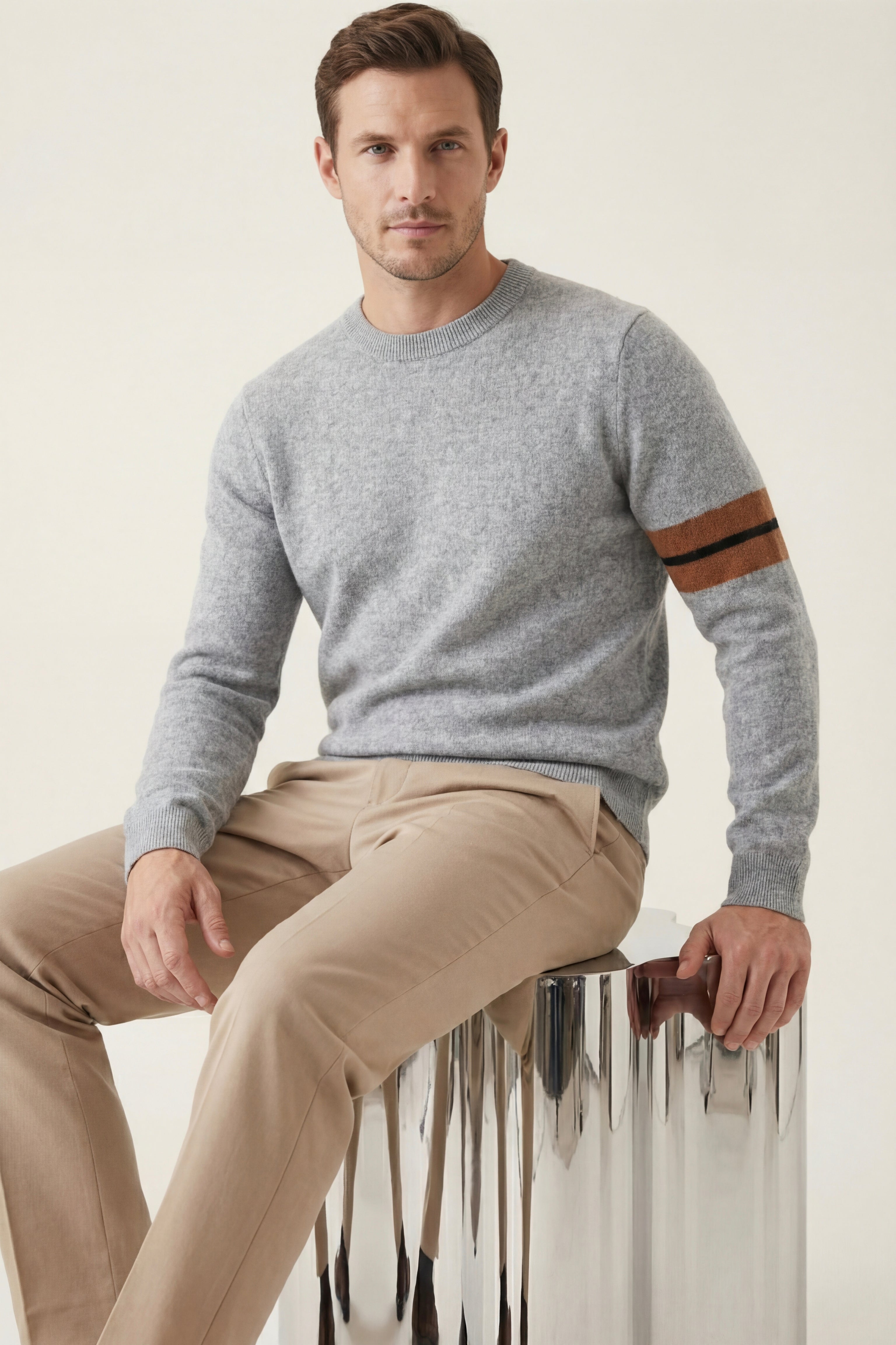 Bellucio™ | Maglione in Cashmere a Collo Giro Light Grey