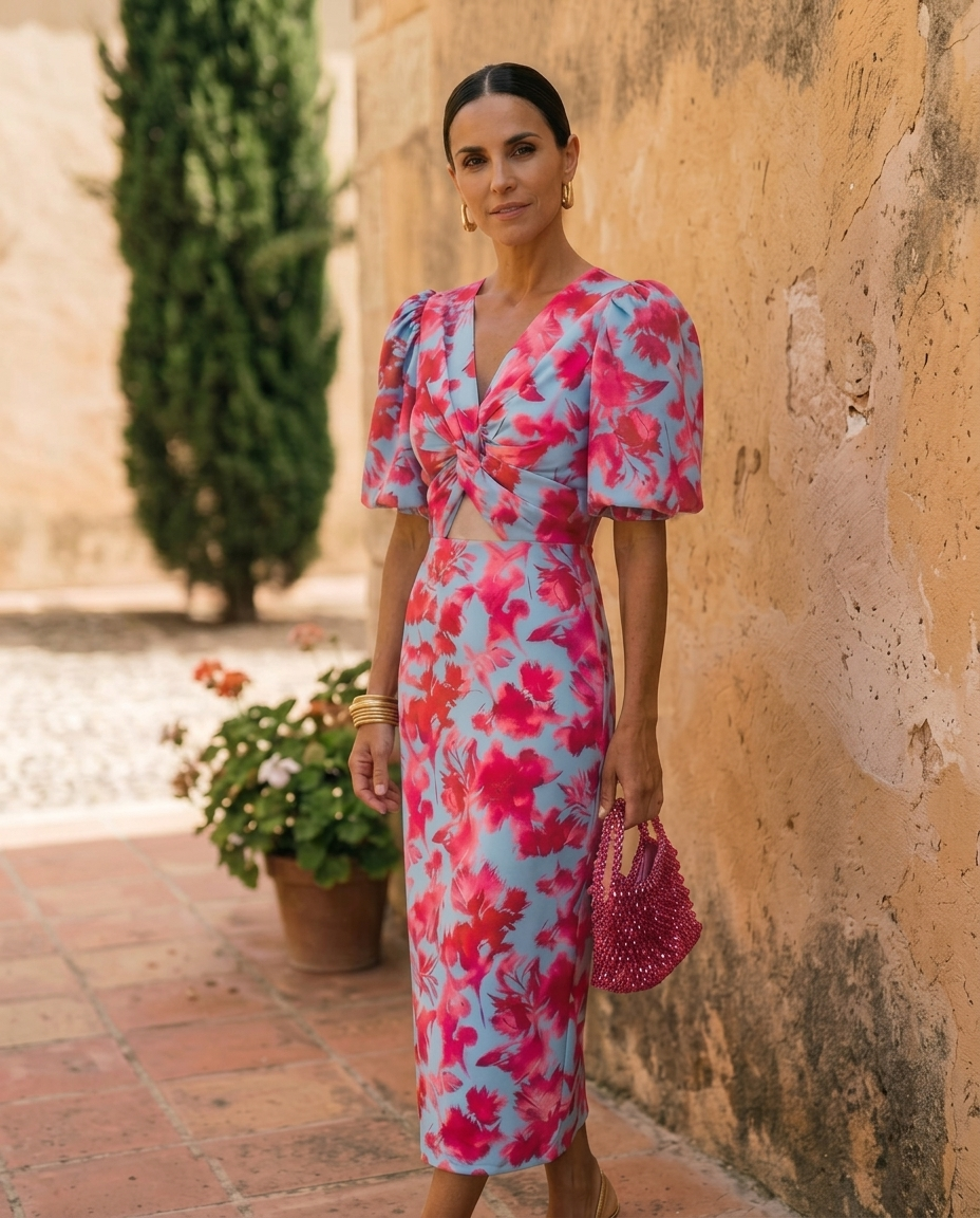 Carla | Vestito Midi Stampato con Maniche A Sbuffo