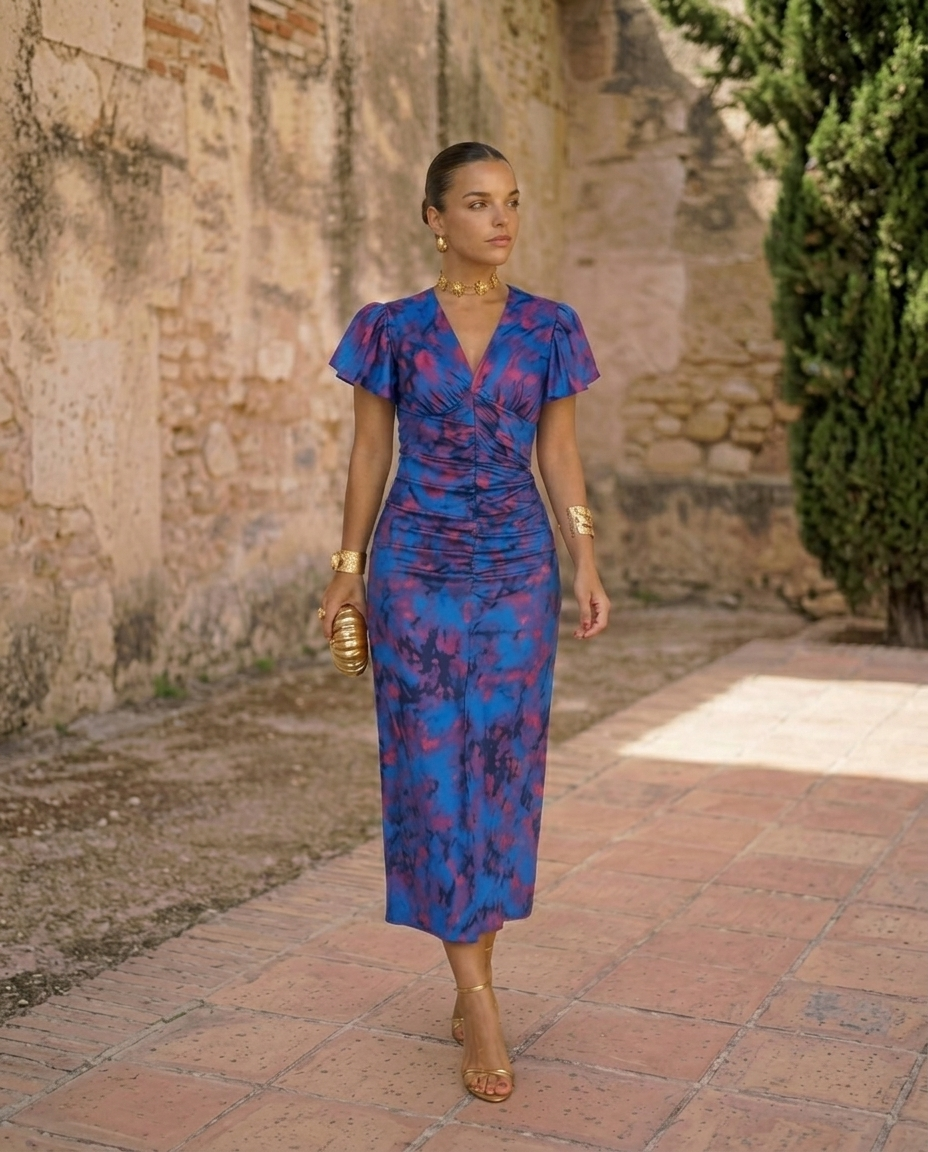Carla | Vestito Midi Stampato con Maniche A Sbuffo
