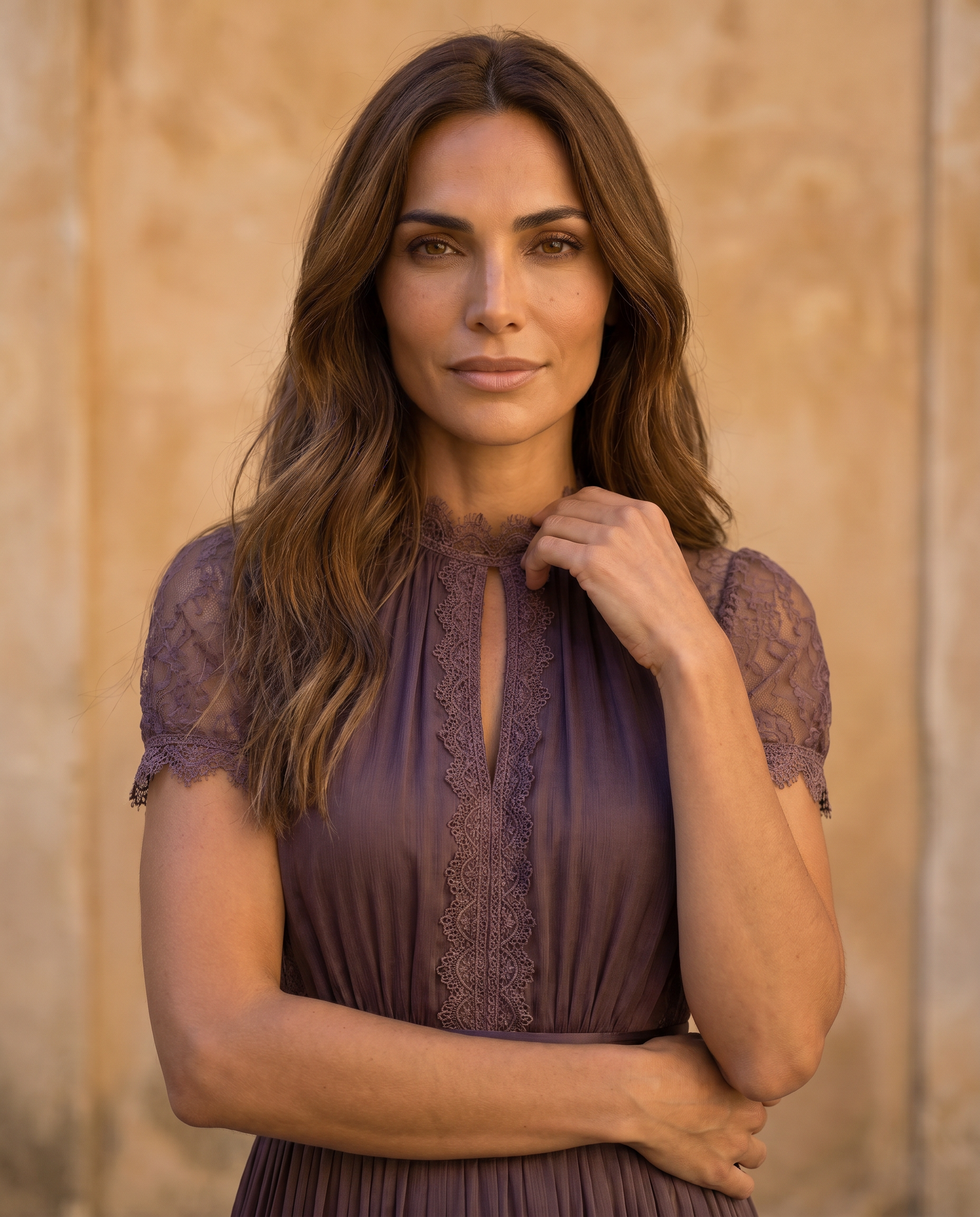 Flavia | Vestito lungo viola con scollatura a chiave, bordo in pizzo di chiffon