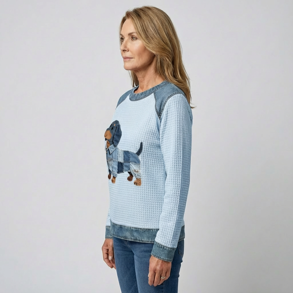 Nuria – Incantevole cane bassotto con patchwork in denim
